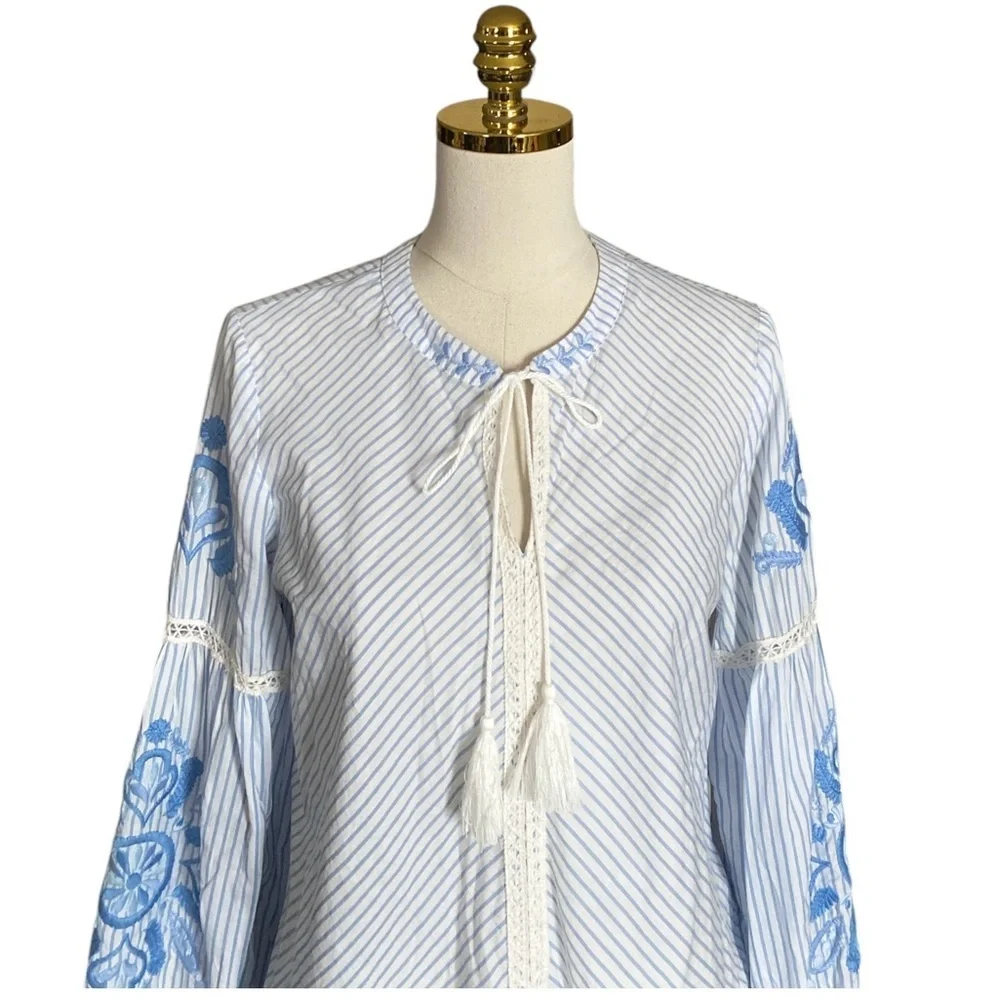 J. MCLAUGHLIN Embroidered Striped Cotton Linen Ballon Sleeve Boho Blouse Size S - Picture 5 of 8